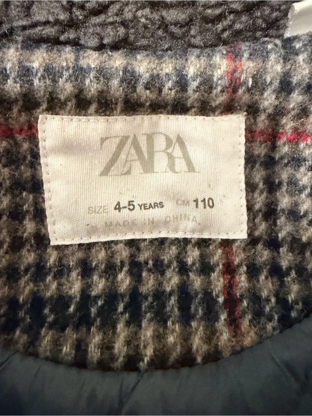 Zara Kids Navy and Red Plaid Coat with Sherpa Collar